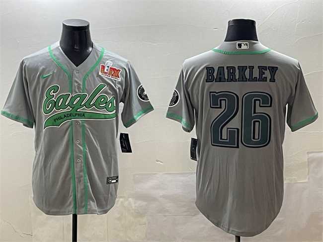 Mens Philadelphia Eagles #26 Saquon Barkley Gray 2025 Super Bowl LIX Patch Cool Base Stitched Baseball Jersey Dzhi